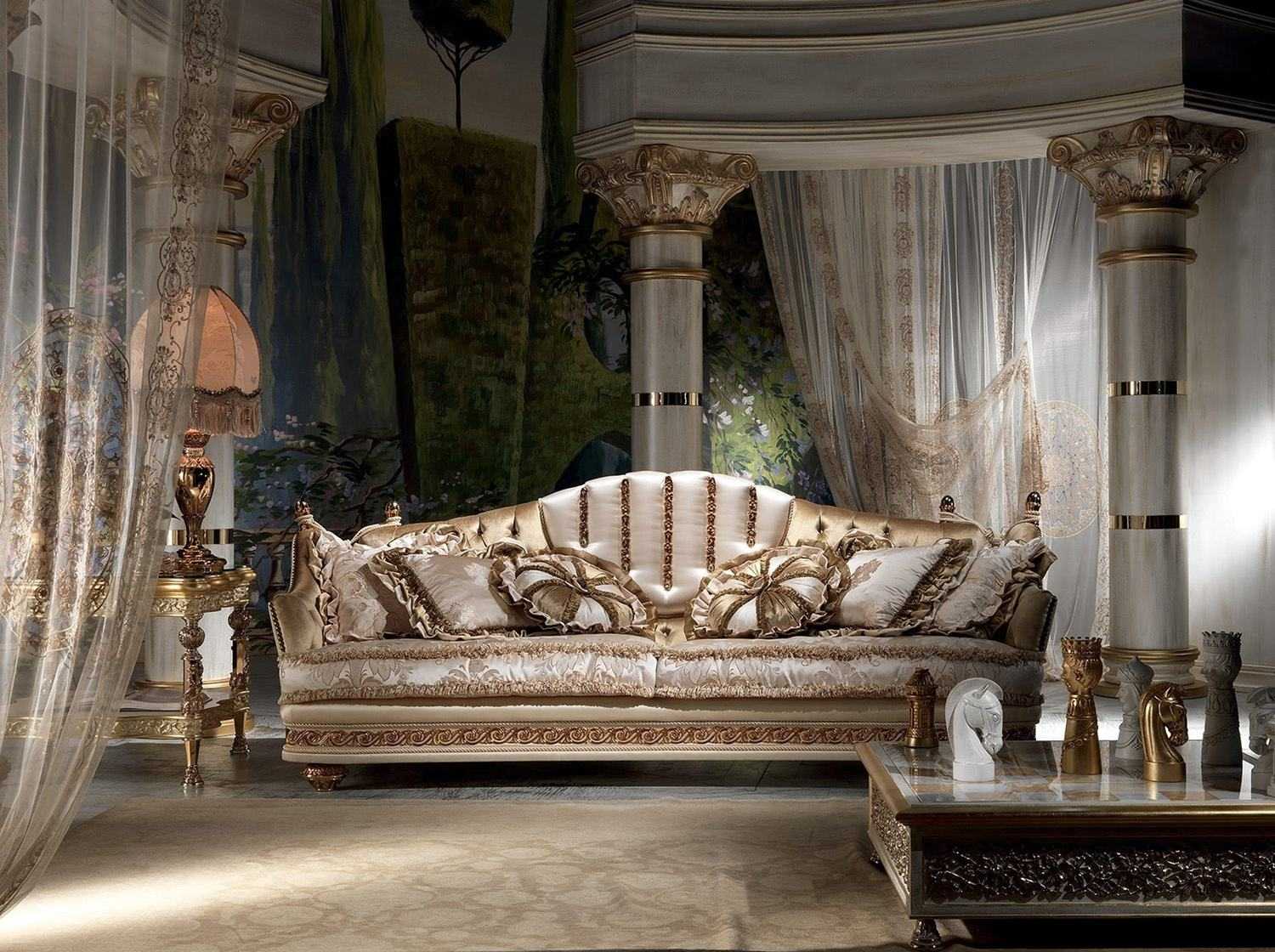 Elegant European Sofa Set – Cream Fabric & Intricate Gold Leaf Carving