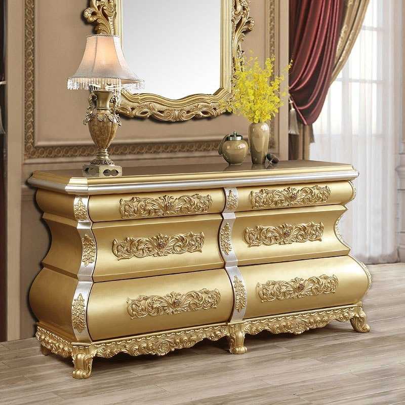 Elite Royal Baroque Bedroom Collection Featuring a Monumental Carved Crest Headboard, Deep Gold Tufted Upholstery, Sculpted Ornamental Panels And Exquisite European Classic Furniture Detailing 