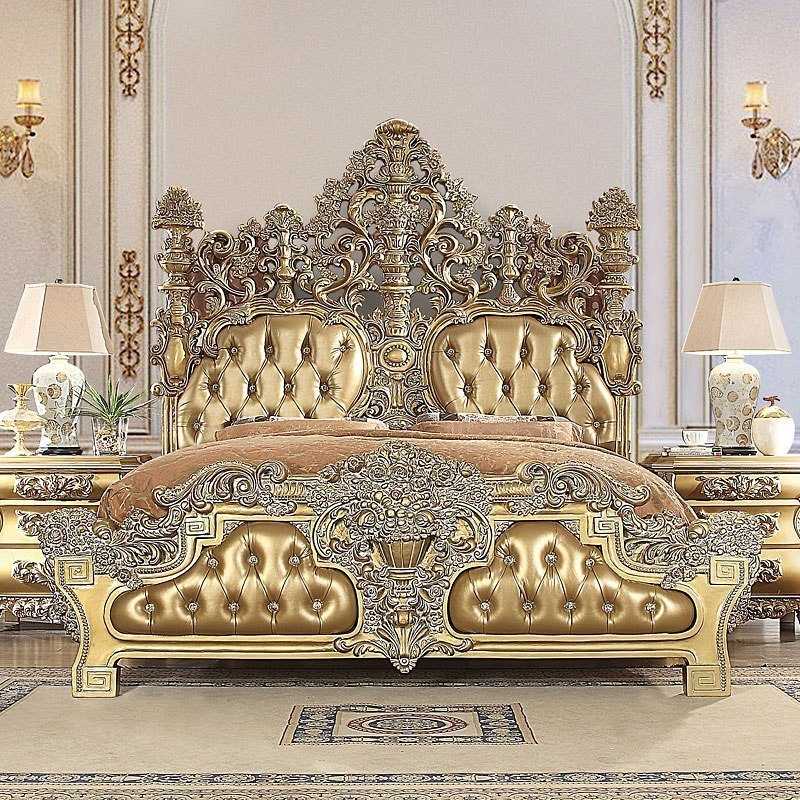 Elite Royal Baroque Bedroom Collection Featuring a Monumental Carved Crest Headboard, Deep Gold Tufted Upholstery, Sculpted Ornamental Panels And Exquisite European Classic Furniture Detailing 
