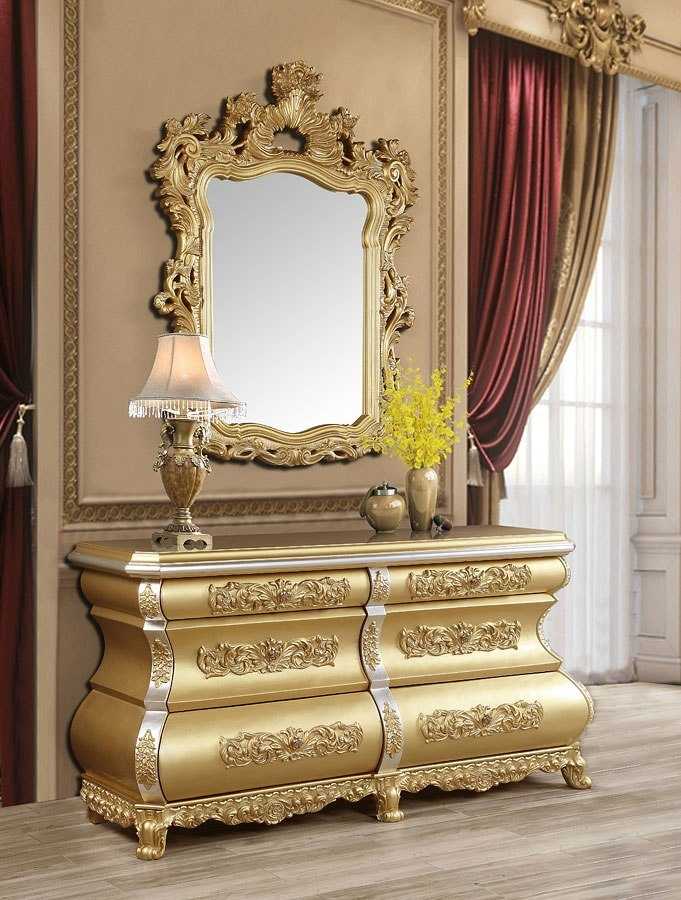 Elite Royal Baroque Bedroom Collection Featuring a Monumental Carved Crest Headboard, Deep Gold Tufted Upholstery, Sculpted Ornamental Panels And Exquisite European Classic Furniture Detailing 