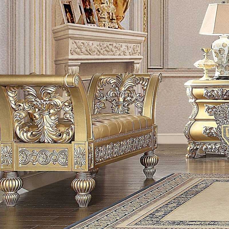 Elite Royal Baroque Bedroom Collection Featuring a Monumental Carved Crest Headboard, Deep Gold Tufted Upholstery, Sculpted Ornamental Panels And Exquisite European Classic Furniture Detailing 