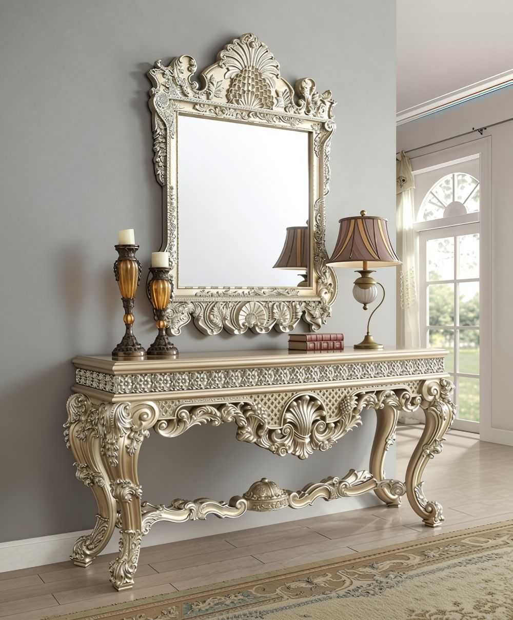 Carved Wood Console Table with Mirror – Classic European Luxury