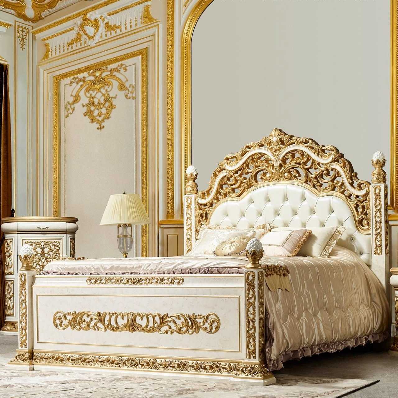 European Royal Bedroom Set Featuring Deep Golden Carvings And Classic Palace Detailing
