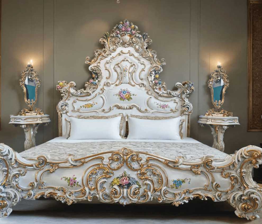 Floral Carved Baroque Bed – Regal Rococo Bedroom Decor