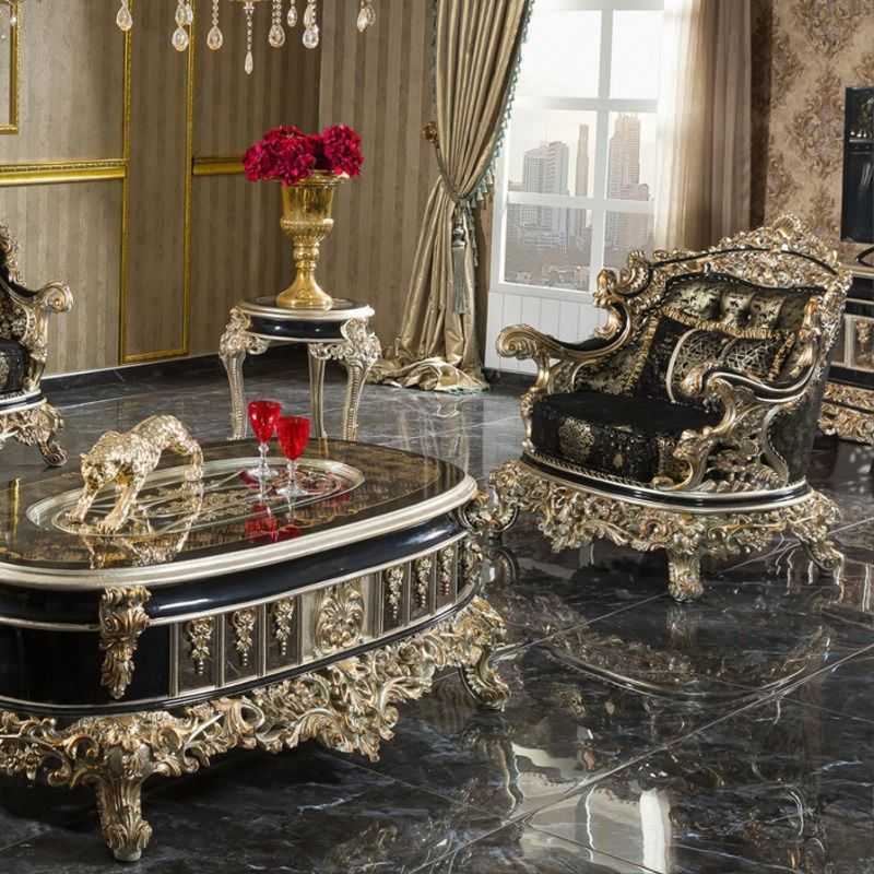 French Antique Royal Sofa Set – Turkish King Style ,Gold Leaf Finish & Black Luxury Brocade Upholstery