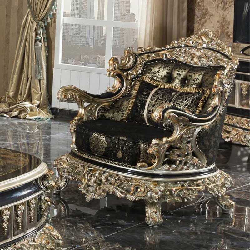 French Antique Royal Sofa Set – Turkish King Style ,Gold Leaf Finish & Black Luxury Brocade Upholstery