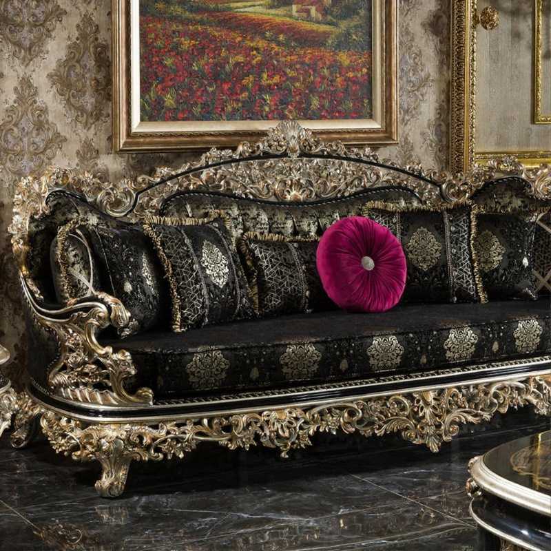 French Antique Royal Sofa Set – Turkish King Style ,Gold Leaf Finish & Black Luxury Brocade Upholstery