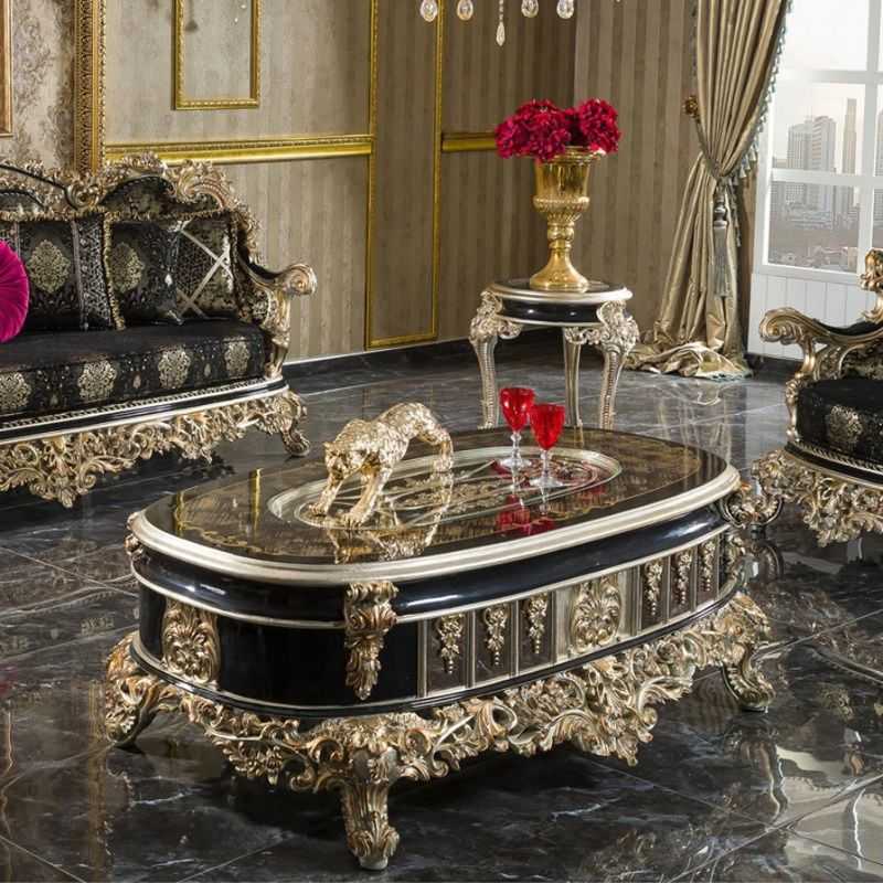French Antique Royal Sofa Set – Turkish King Style ,Gold Leaf Finish & Black Luxury Brocade Upholstery