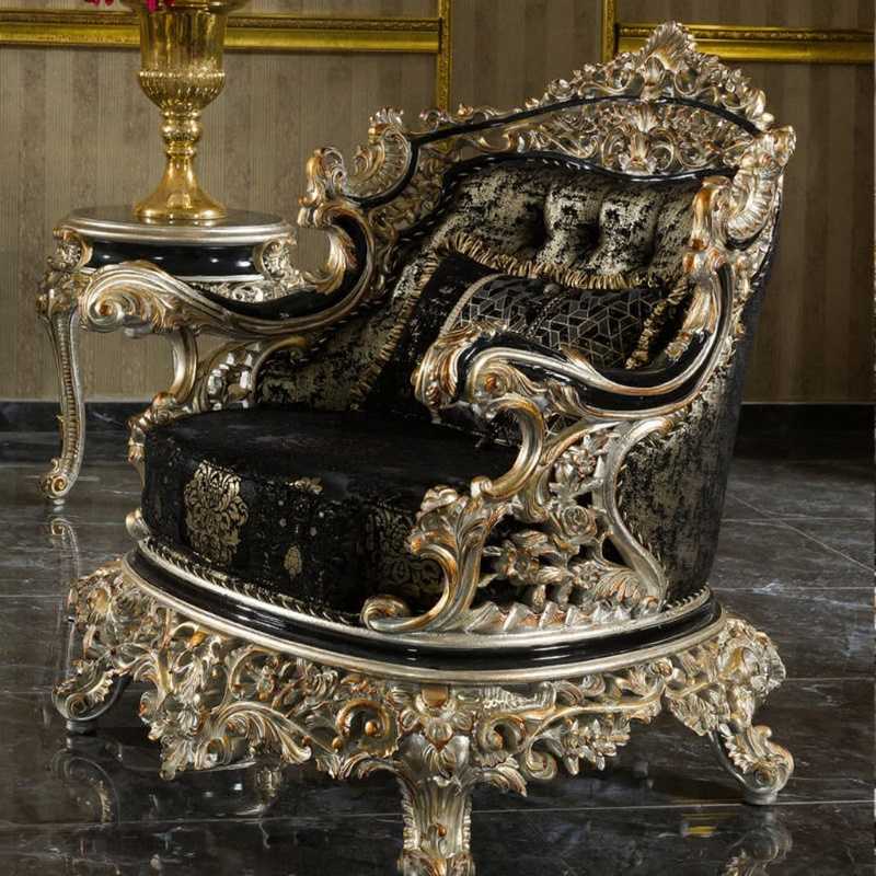 French Antique Royal Sofa Set – Turkish King Style ,Gold Leaf Finish & Black Luxury Brocade Upholstery
