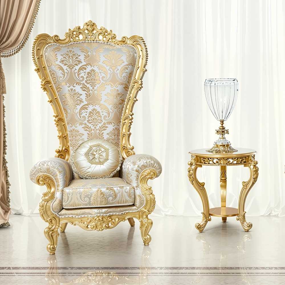French Baroque Throne Chairs – Luxurious Gold Leaf & Sculpted Frame