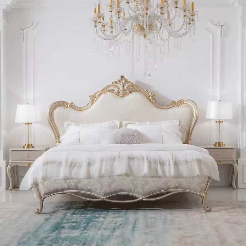 French Style Carved Patterns Retro Fabric Wedding Bed