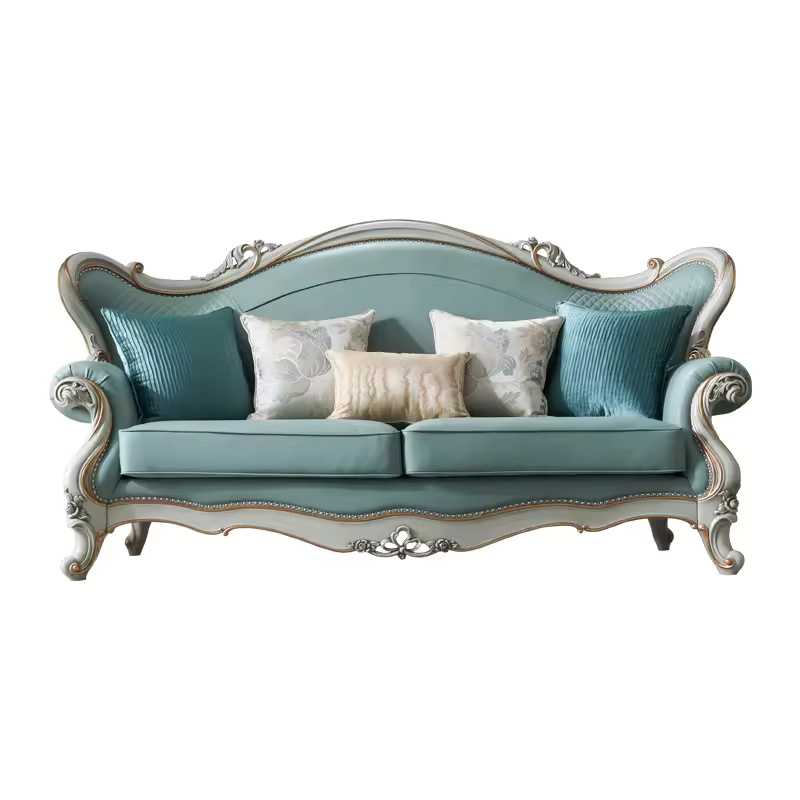 French Style Livingroom Solid Wood Blue Leather Sectional Sofa Set