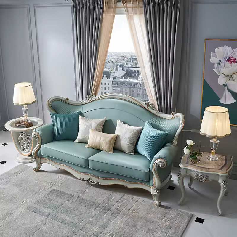 French Style Livingroom Solid Wood Blue Leather Sectional Sofa Set
