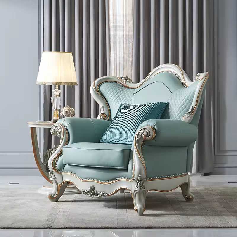 French Style Livingroom Solid Wood Blue Leather Sectional Sofa Set