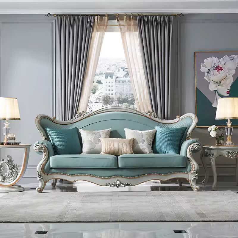 French Style Livingroom Solid Wood Blue Leather Sectional Sofa Set