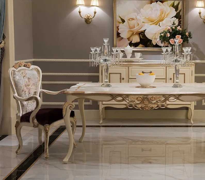 French Style Luxury European Solid Wood Carved Dining Table Set