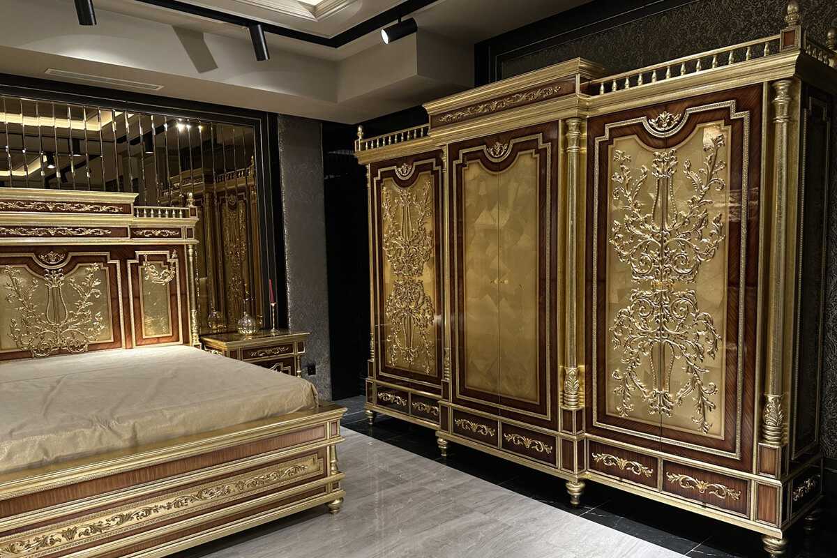 Golden Age Bedroom Ensemble – Handcrafted European Masterpiece with Ornate Gold Leaf Carvings, Elegant Mirror Accents, and Royal Headboard Design