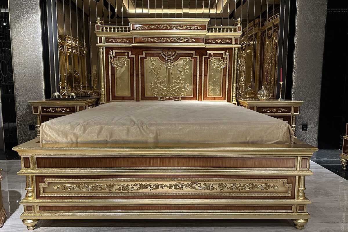 Golden Age Bedroom Ensemble – Handcrafted European Masterpiece with Ornate Gold Leaf Carvings, Elegant Mirror Accents, and Royal Headboard Design