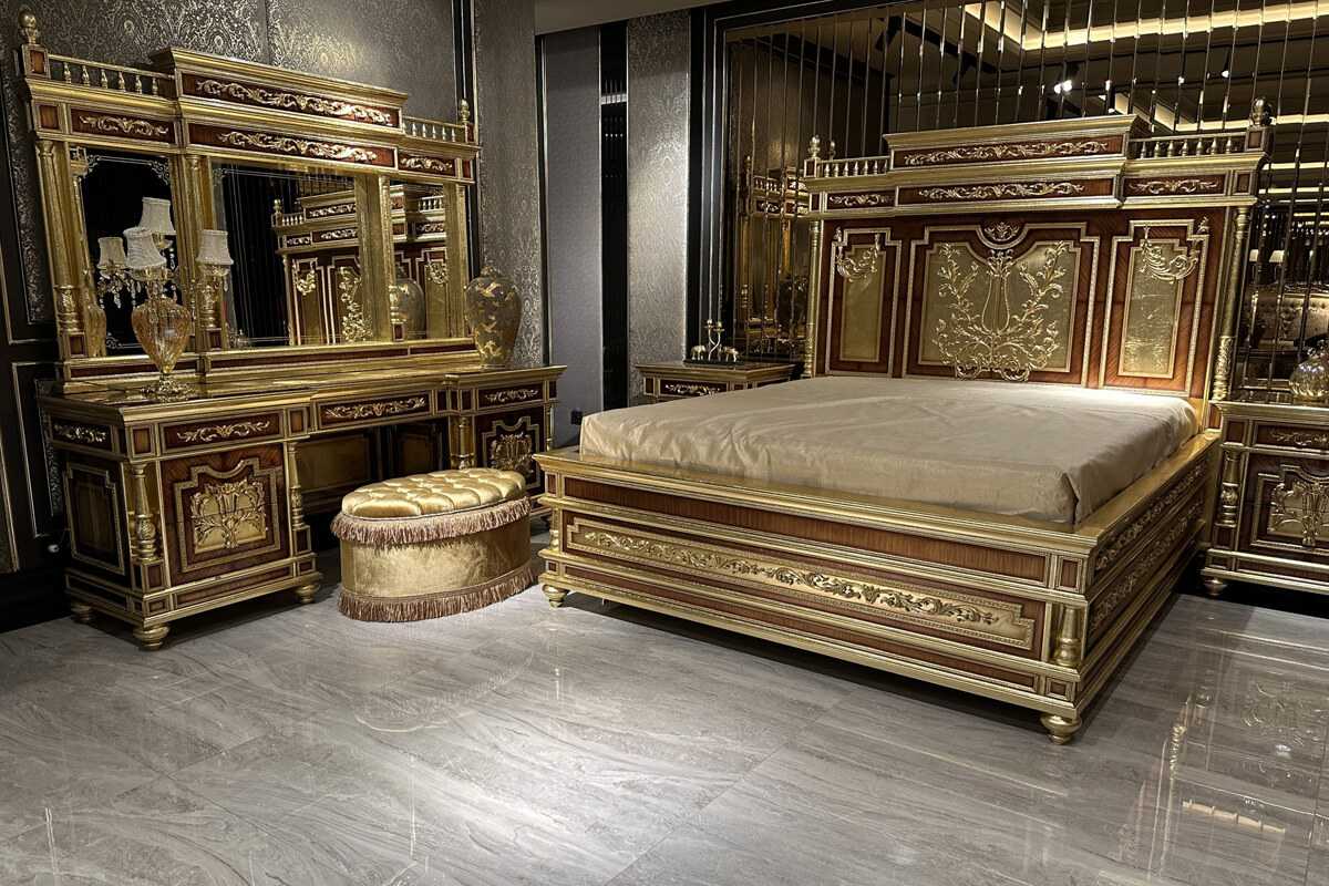 Golden Age Bedroom Ensemble – Handcrafted European Masterpiece with Ornate Gold Leaf Carvings, Elegant Mirror Accents, and Royal Headboard Design