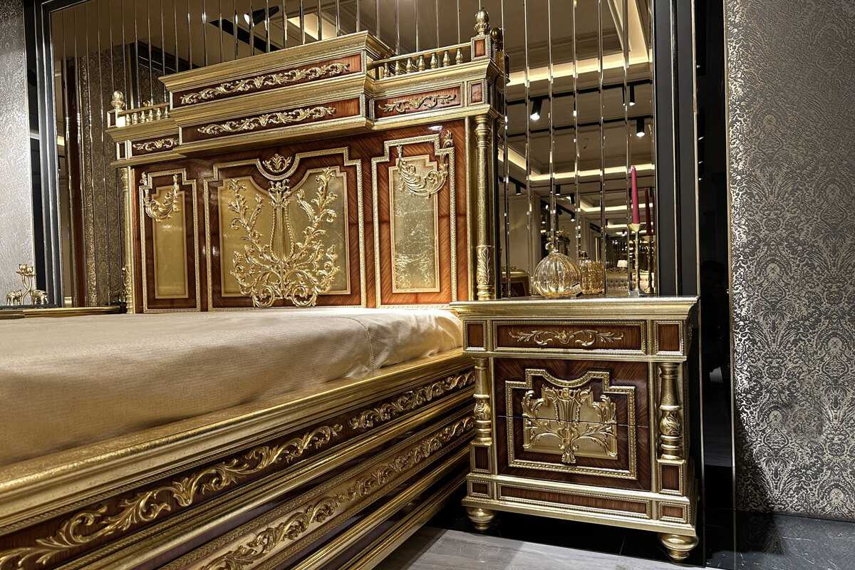 Golden Age Bedroom Ensemble – Handcrafted European Masterpiece with Ornate Gold Leaf Carvings, Elegant Mirror Accents, and Royal Headboard Design