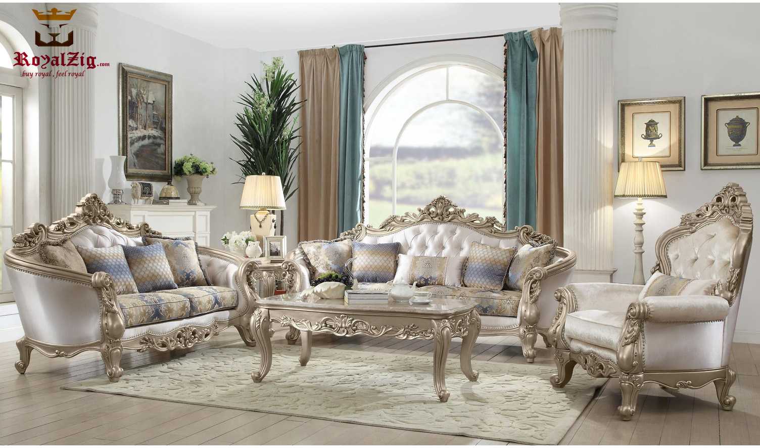 Golden Teak Wood Hand Carved Sofa Set