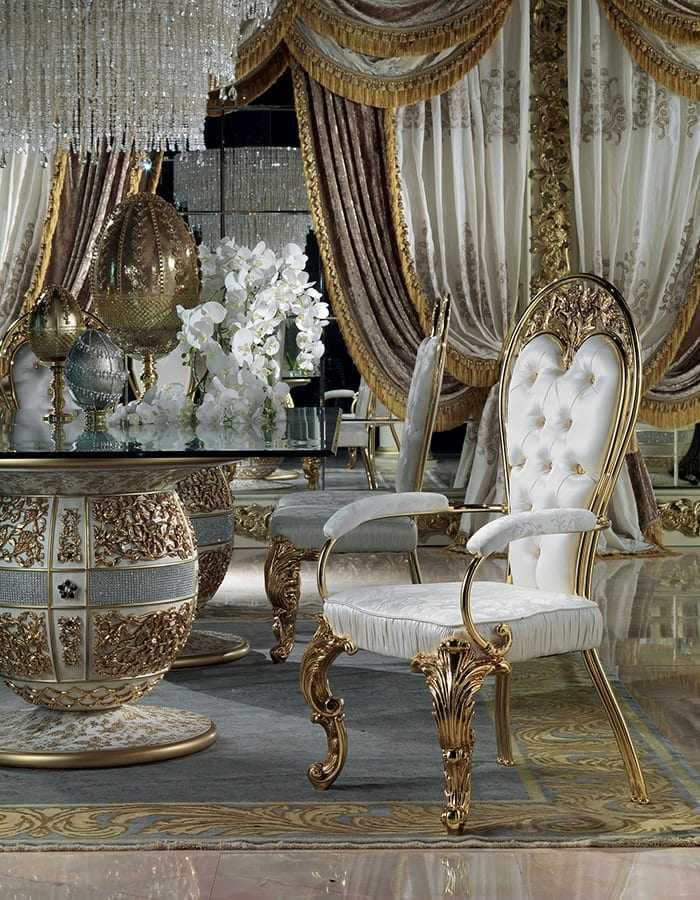 Grand Baroque Dining Table with Decorative Gold Barrel Bases and Crystal-Inspired Glass Top