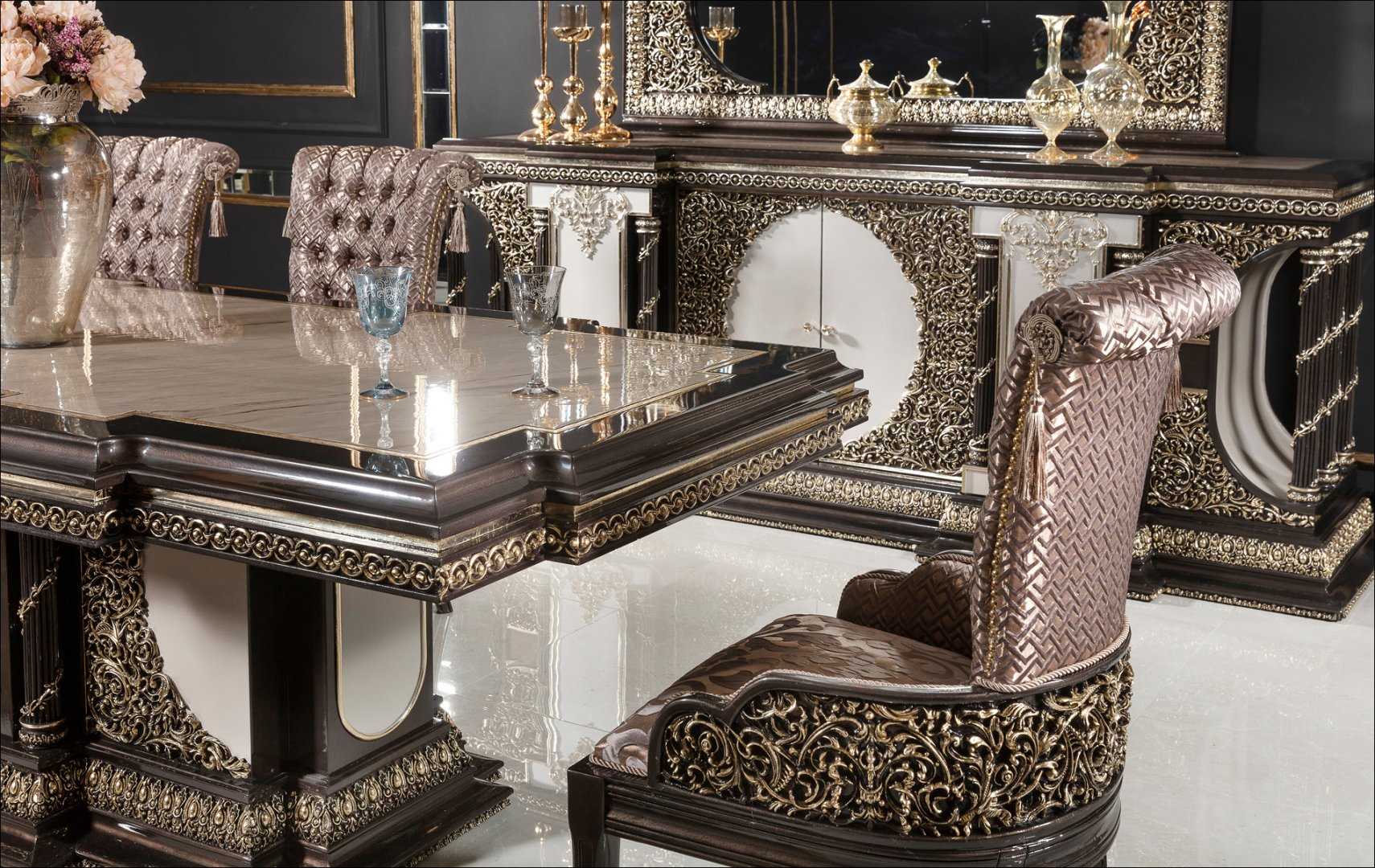 Grand Black And Gold Classic Dining Room Set with Heavy Carved Table Base, Marble-Top Finish, Tufted Royal Chairs And Ornate Buffet Mirror Ensemble