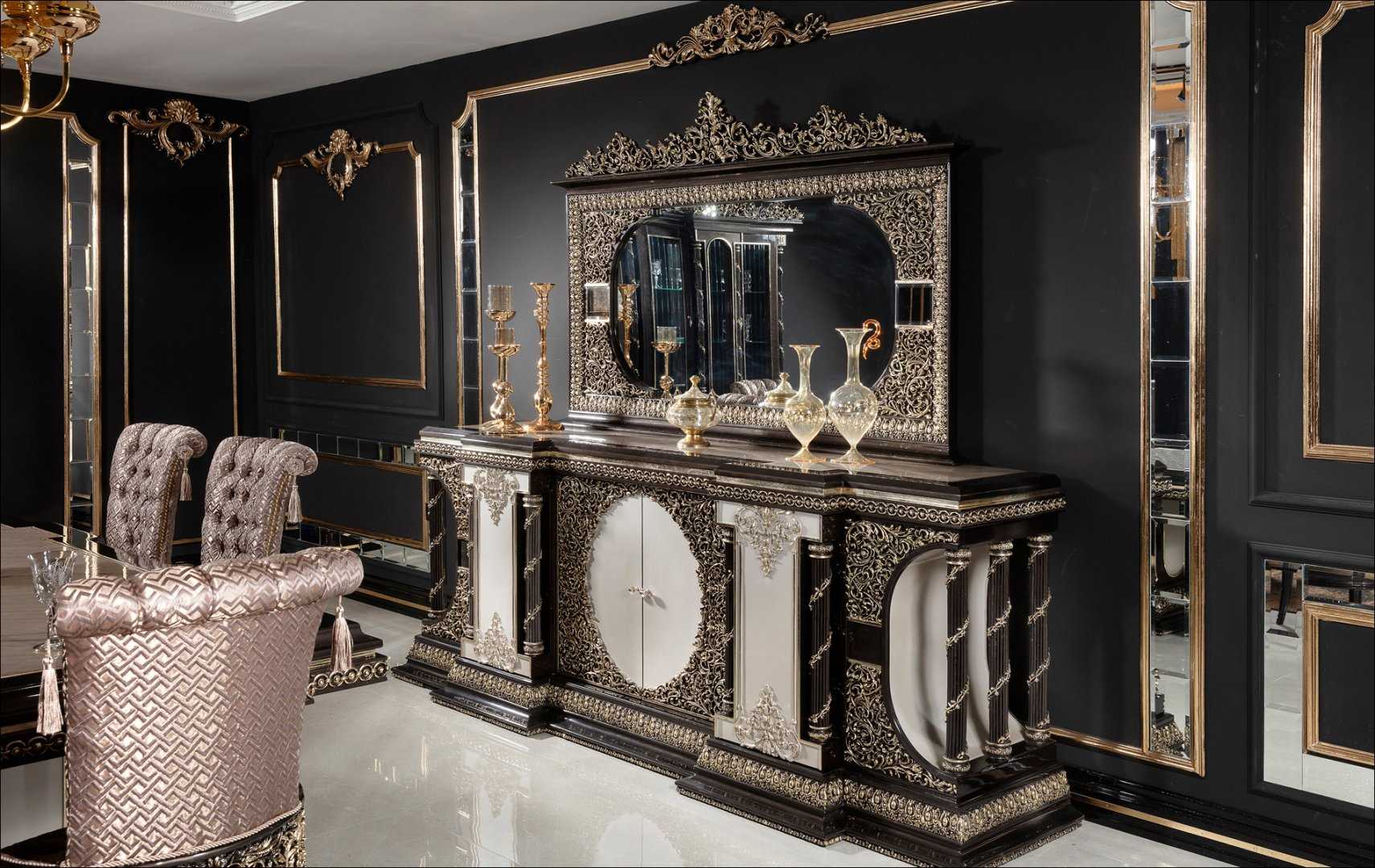 Grand Black And Gold Classic Dining Room Set with Heavy Carved Table Base, Marble-Top Finish, Tufted Royal Chairs And Ornate Buffet Mirror Ensemble
