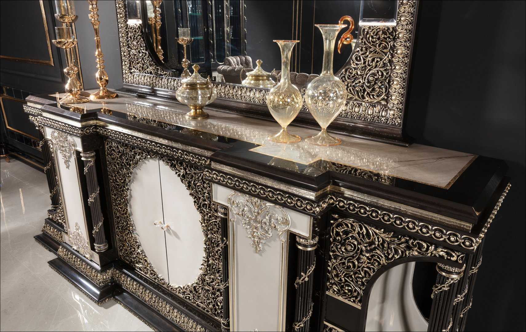 Grand Black And Gold Classic Dining Room Set with Heavy Carved Table Base, Marble-Top Finish, Tufted Royal Chairs And Ornate Buffet Mirror Ensemble