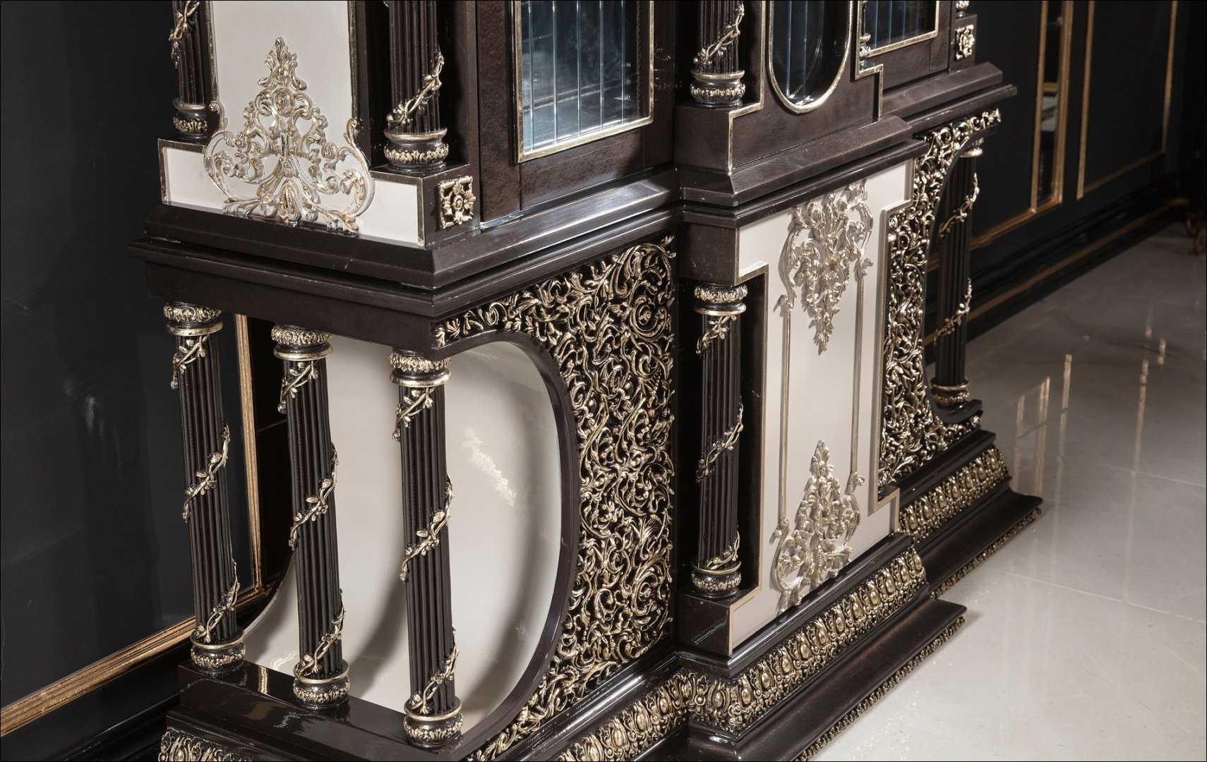 Grand Black And Gold Classic Dining Room Set with Heavy Carved Table Base, Marble-Top Finish, Tufted Royal Chairs And Ornate Buffet Mirror Ensemble