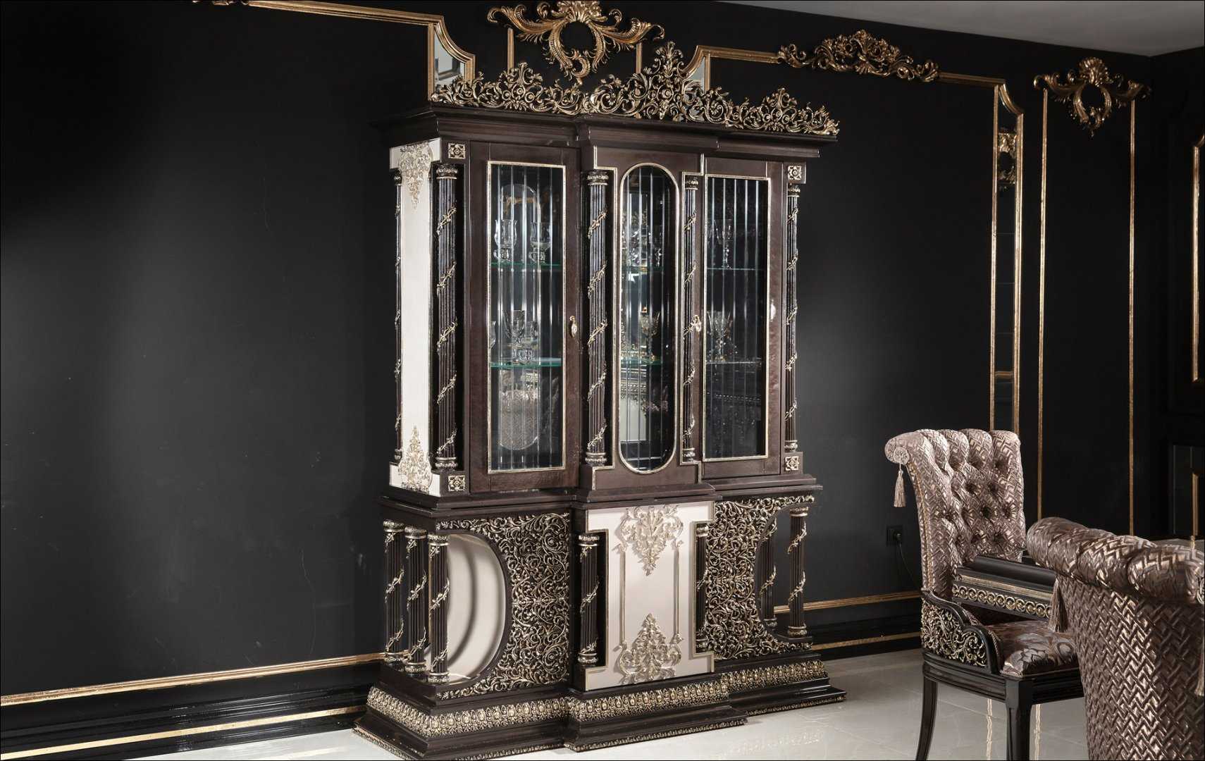 Grand Black And Gold Classic Dining Room Set with Heavy Carved Table Base, Marble-Top Finish, Tufted Royal Chairs And Ornate Buffet Mirror Ensemble