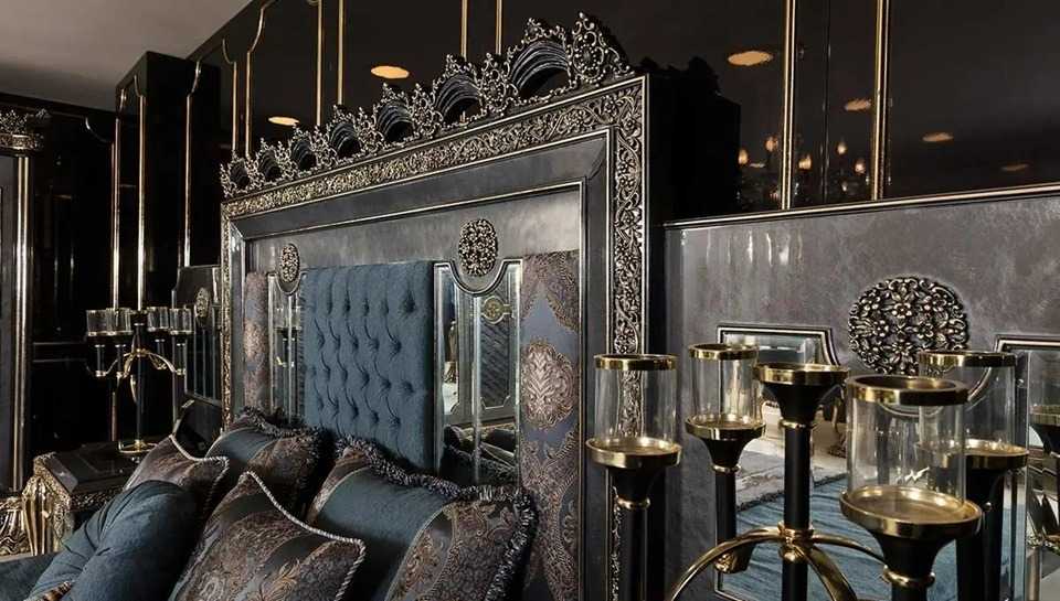 Grand Emperor Baroque Bedroom Set with Deep Black Finish, Ornamental Gold Leaf Carvings And Royal Blue Tufted Upholstery