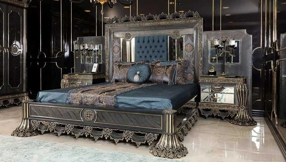 Grand Emperor Baroque Bedroom Set with Deep Black Finish, Ornamental Gold Leaf Carvings And Royal Blue Tufted Upholstery