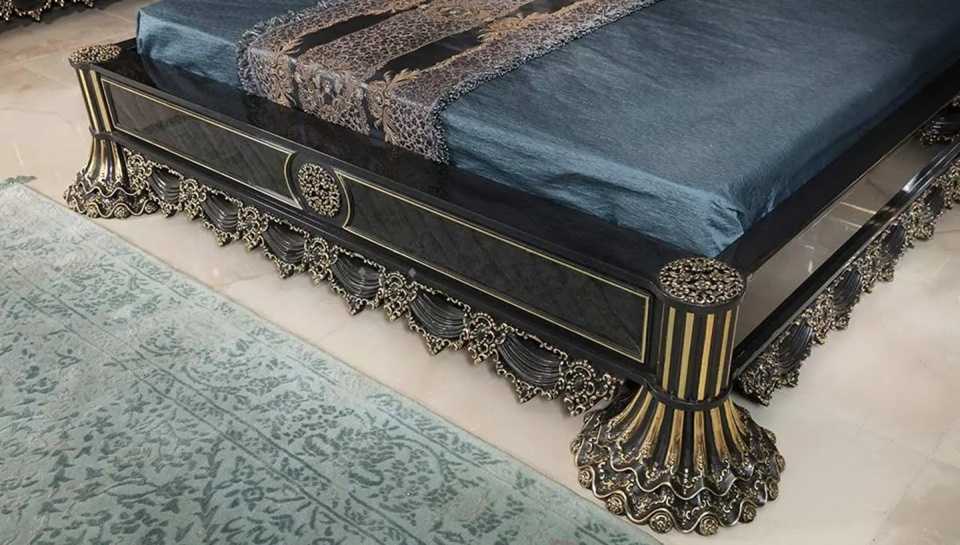 Grand Emperor Baroque Bedroom Set with Deep Black Finish, Ornamental Gold Leaf Carvings And Royal Blue Tufted Upholstery