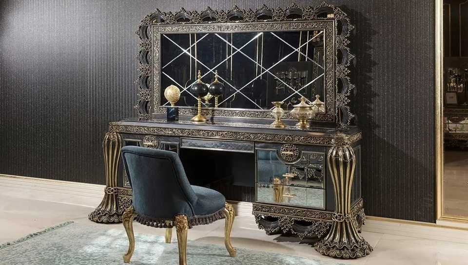 Grand Emperor Baroque Bedroom Set with Deep Black Finish, Ornamental Gold Leaf Carvings And Royal Blue Tufted Upholstery