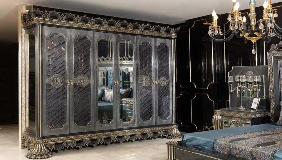 Grand Emperor Baroque Bedroom Set with Deep Black Finish, Ornamental Gold Leaf Carvings And Royal Blue Tufted Upholstery