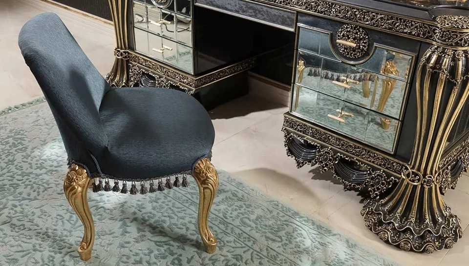 Grand Emperor Baroque Bedroom Set with Deep Black Finish, Ornamental Gold Leaf Carvings And Royal Blue Tufted Upholstery