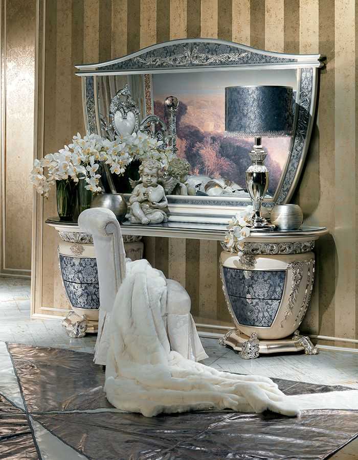 Grand Luxury Silver Bedroom Set with Scroll Work Heart Headboard, Crystal Top Posts, Ornamental Side Tables And Decorative Baroque Mirror