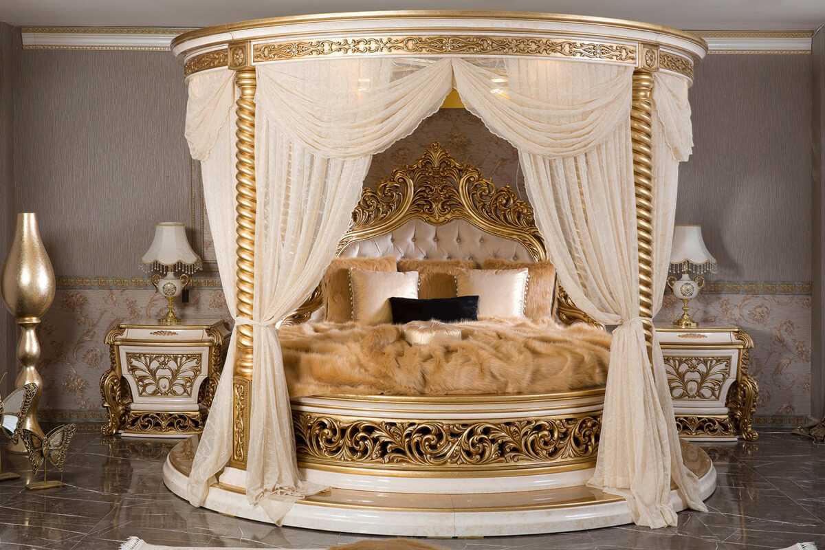 Grand Round Bedroom Set – Cream And Gold, Ornate Luxury Carvings, Elegant Traditional Style