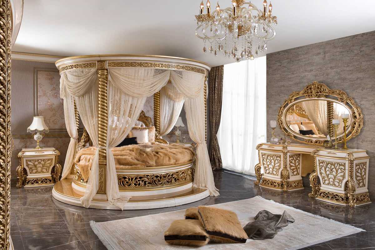 Grand Round Bedroom Set – Cream And Gold, Ornate Luxury Carvings, Elegant Traditional Style