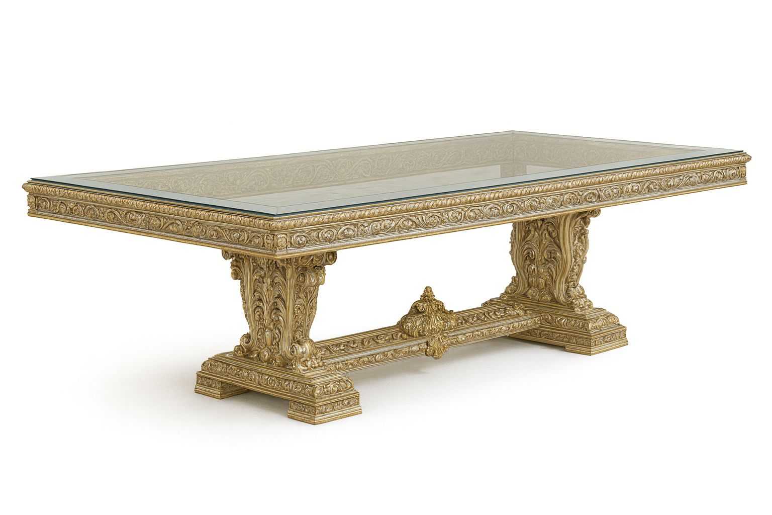 Grand Royal Gold Leaf Ornate Dining Set with Glass-Top Table & Fully Carved Swivel Barrel Chairs – Ultra-Luxury Classic Collection