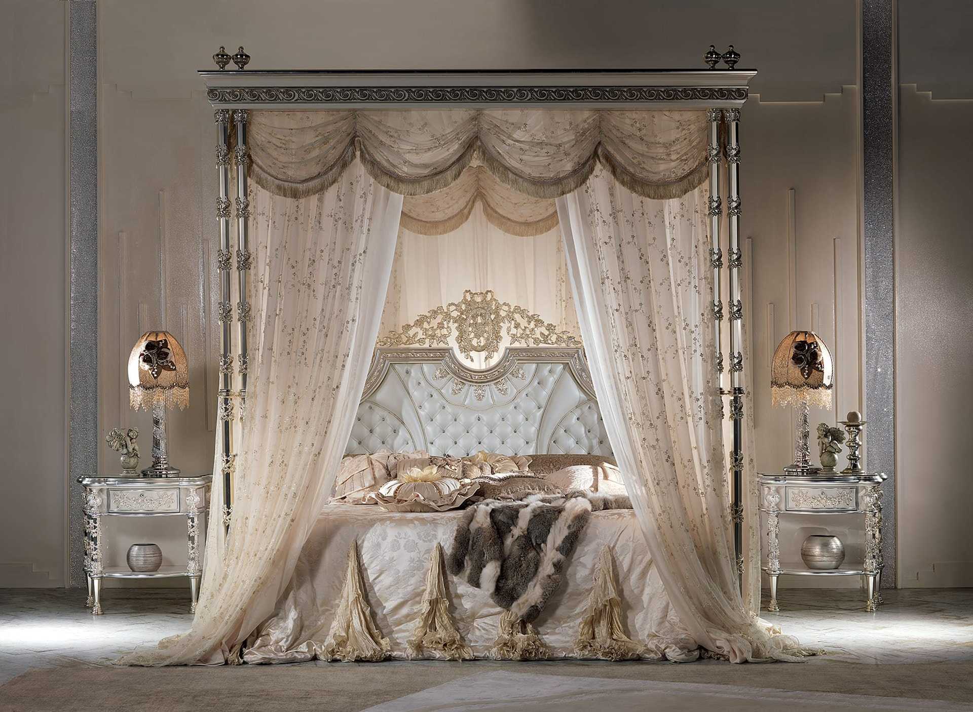 Grand Royal Heavy-Carved Bedroom Ensemble Featuring Ornamental Four-Poster Deep Baroque Embossing And  Luxurious Silver Leaf Accents