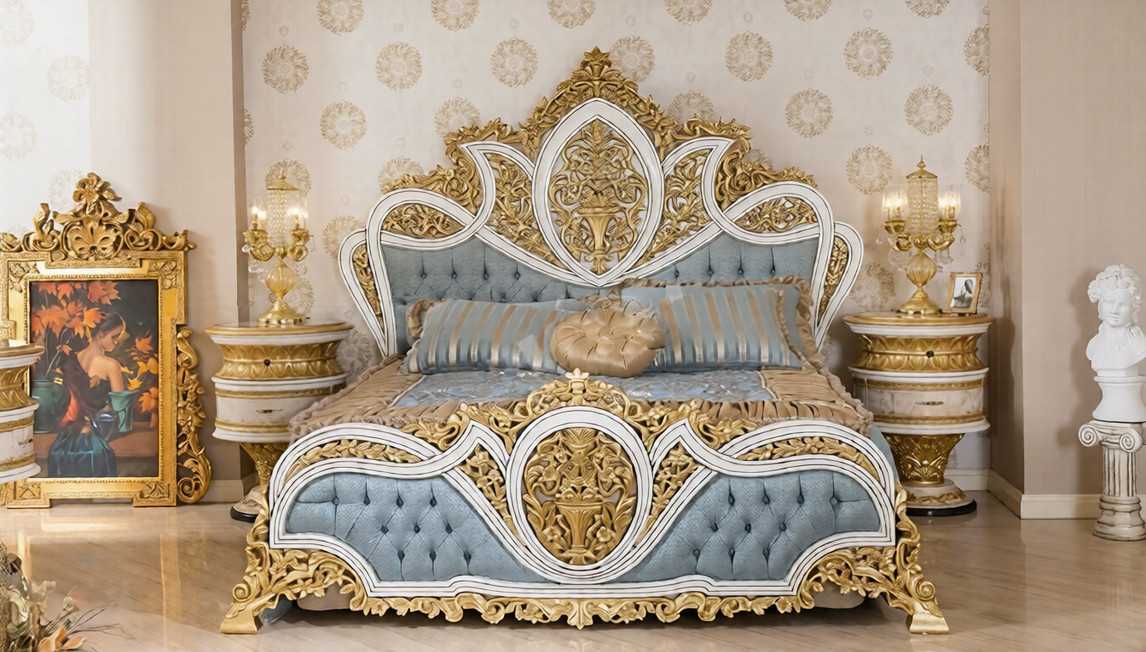 Grand Victorian Heavy Carved Bedroom Set with Ornate Floral Scrollwork Majestic Crest Headboard And Rich Antique Finishing