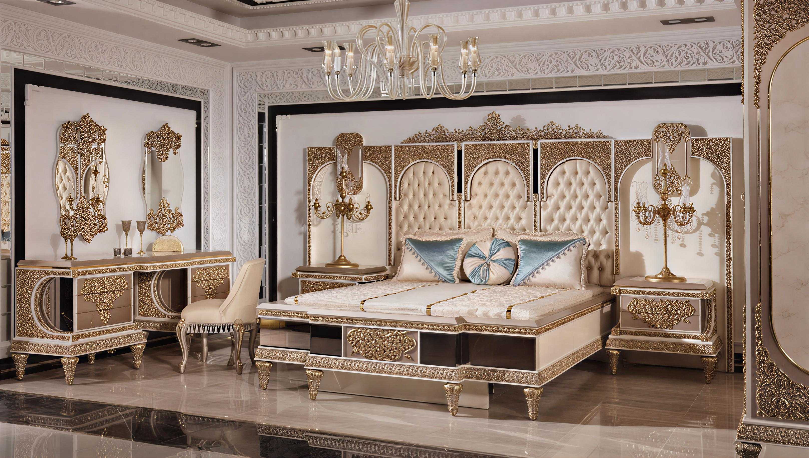 Imperial Arabian Royal Bedroom Collection with Majestic Gold Lattice Carvings, Deep Tufted Upholstery And Full Mirror Wardrobe
