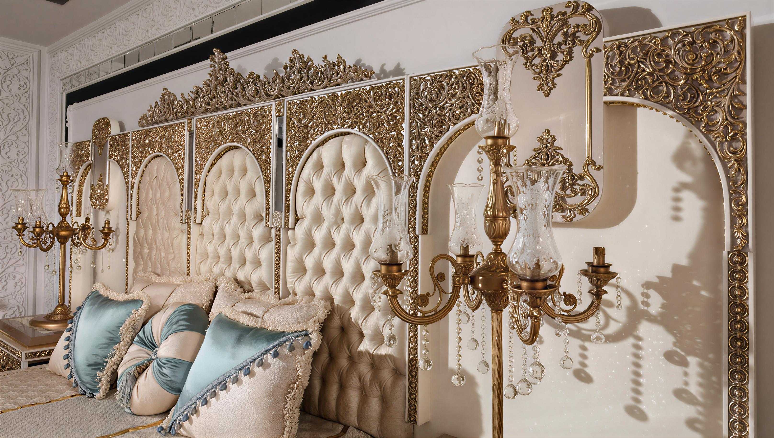 Imperial Arabian Royal Bedroom Collection with Majestic Gold Lattice Carvings, Deep Tufted Upholstery And Full Mirror Wardrobe