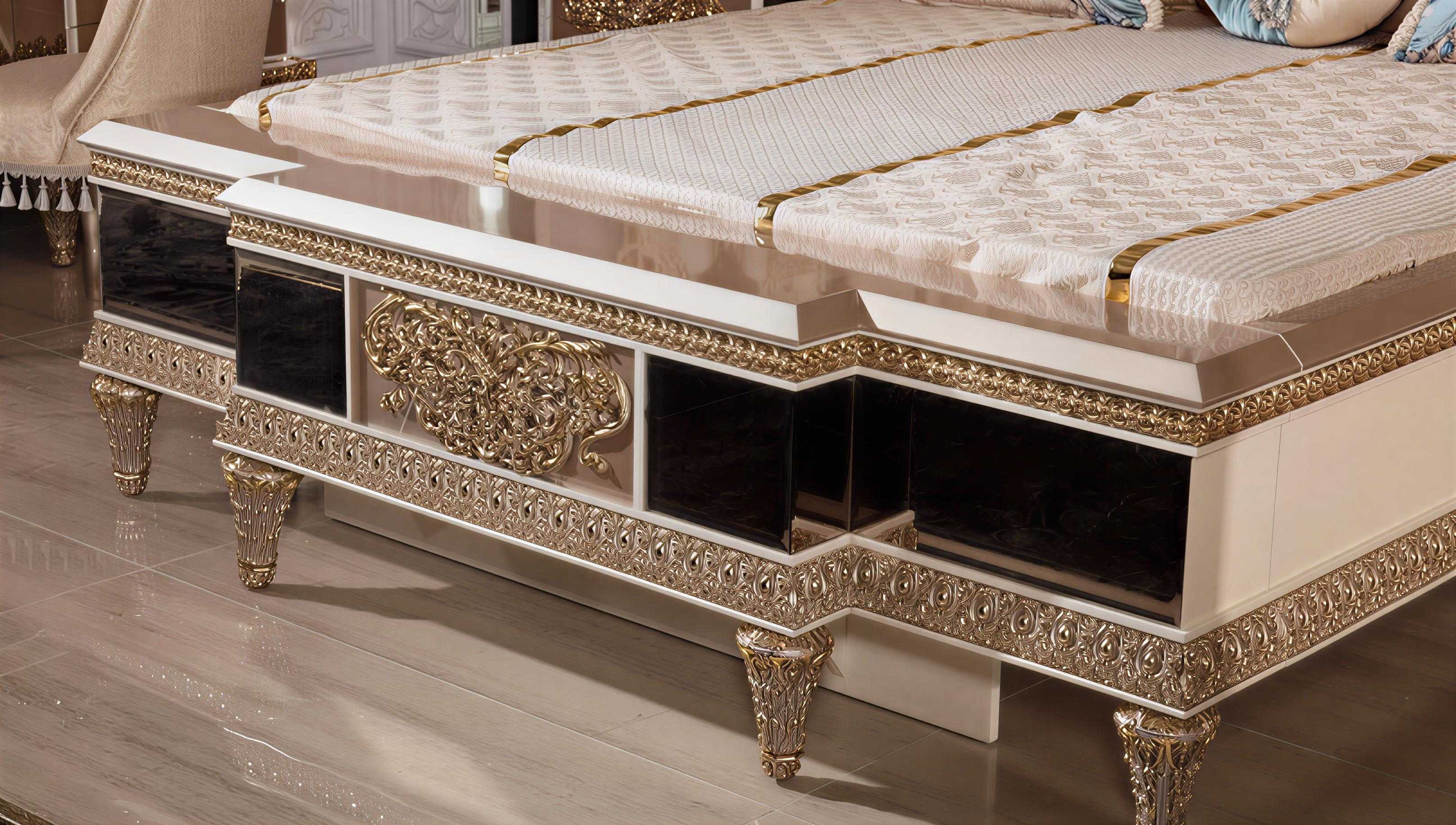 Imperial Arabian Royal Bedroom Collection with Majestic Gold Lattice Carvings, Deep Tufted Upholstery And Full Mirror Wardrobe