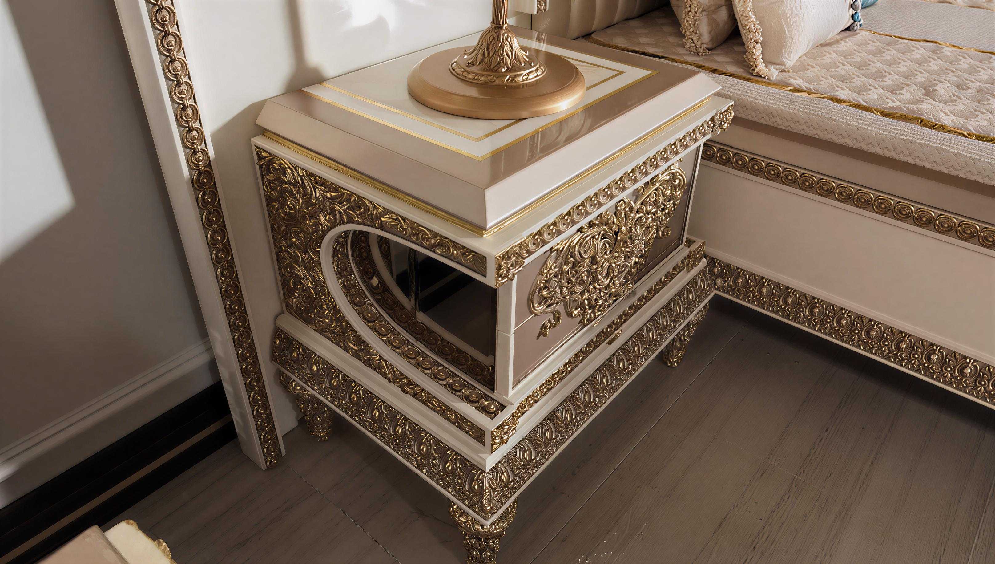 Imperial Arabian Royal Bedroom Collection with Majestic Gold Lattice Carvings, Deep Tufted Upholstery And Full Mirror Wardrobe