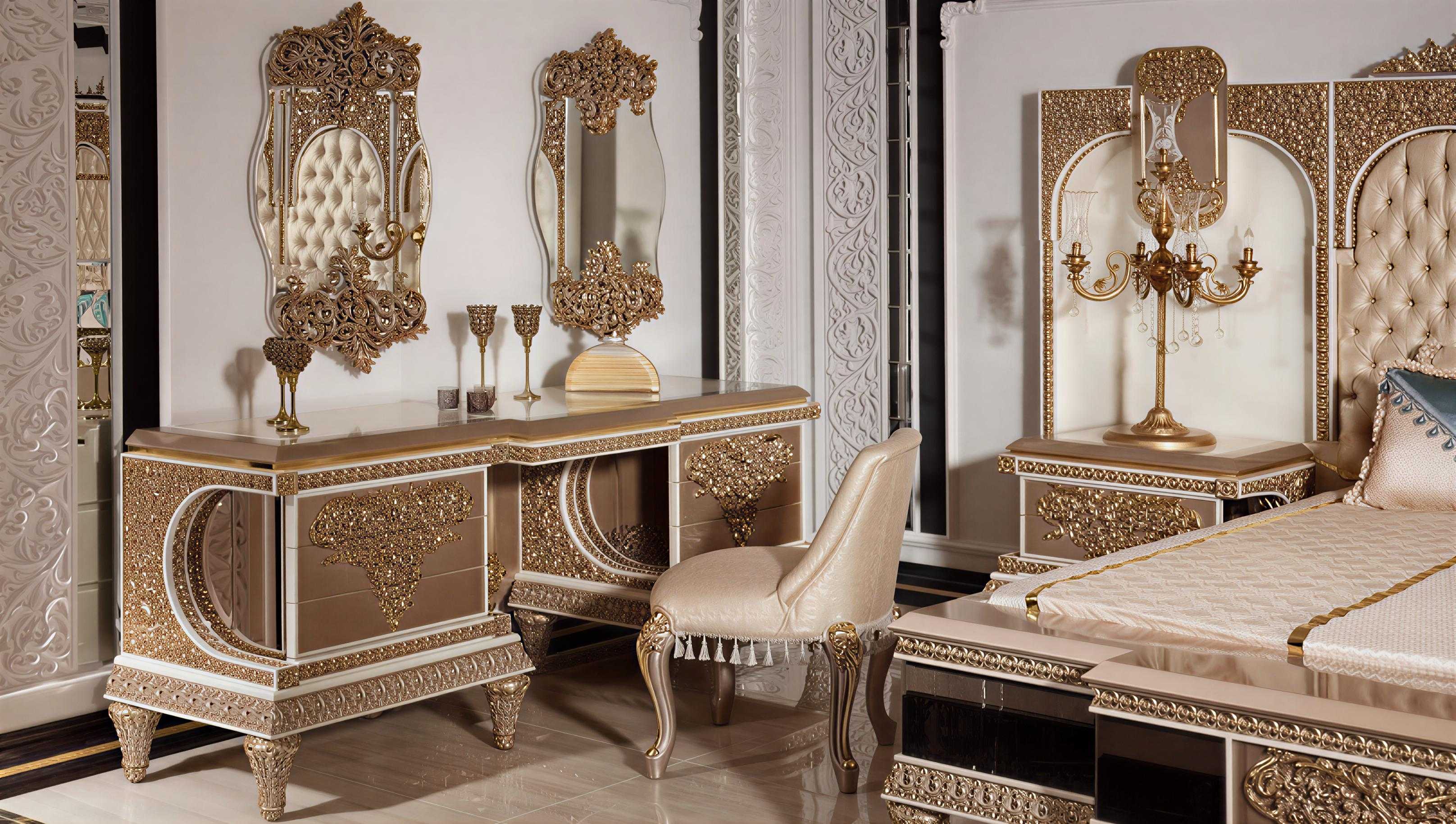 Imperial Arabian Royal Bedroom Collection with Majestic Gold Lattice Carvings, Deep Tufted Upholstery And Full Mirror Wardrobe