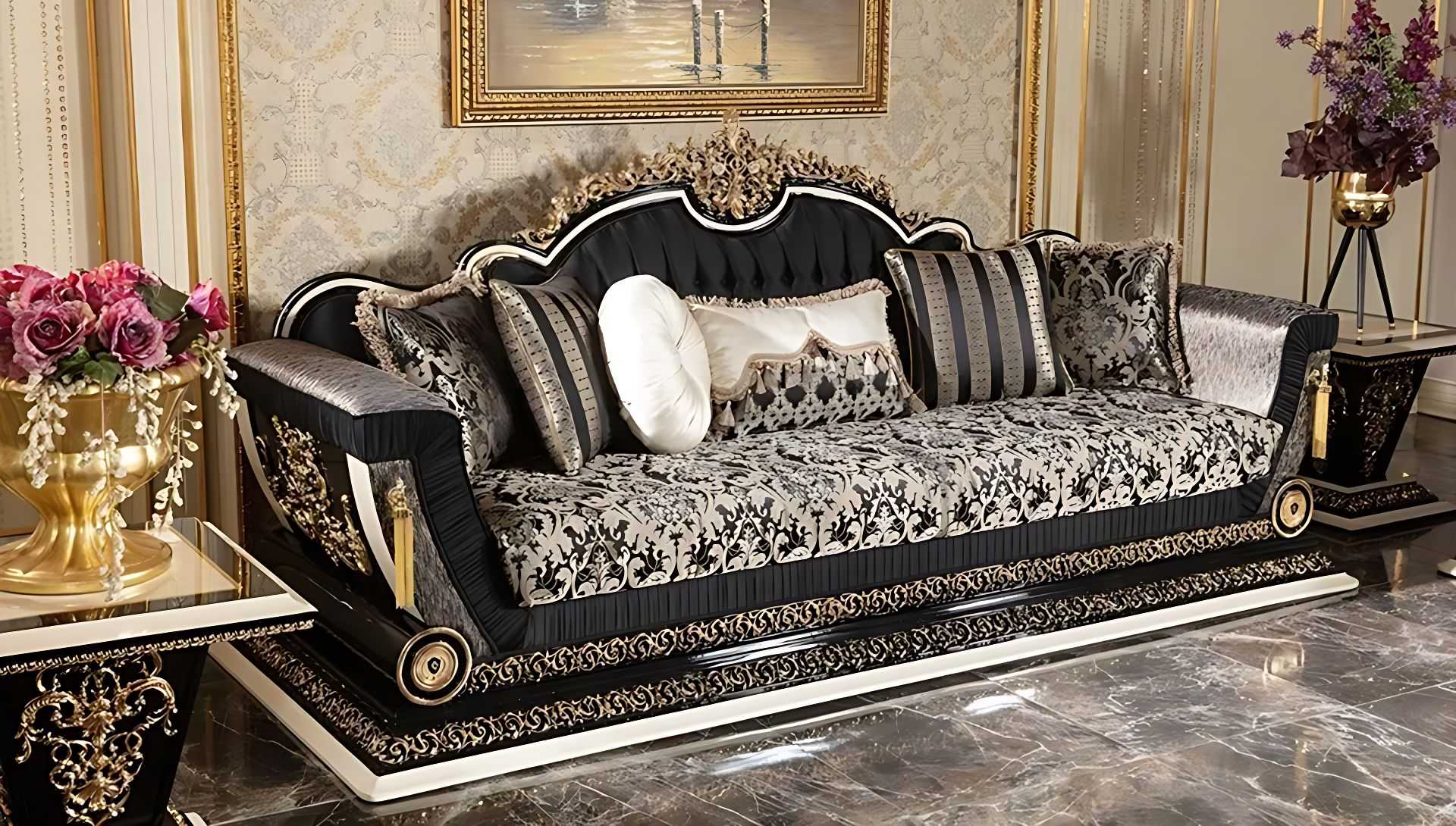 Imperial Baroque Luxury Sofa Collection Featuring Deep Gold Leaf Carvings Elite European Fabric Patterns