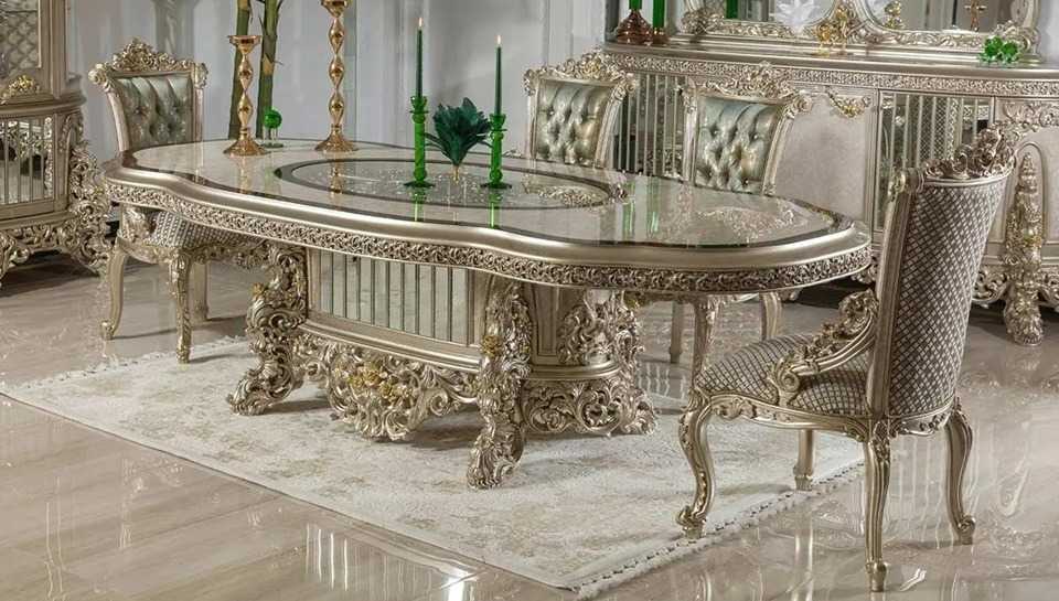 Imperial European Silver Royal Dining Set with Heavy Hand-Carved Detailing, Regal Upholstered Chairs And Ornate Display Cabinet